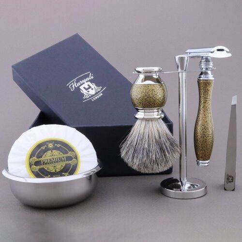 Haryali's Vase Range Shaving Kit - Gold Antique - Super Badger - Double Edge Safety Razor