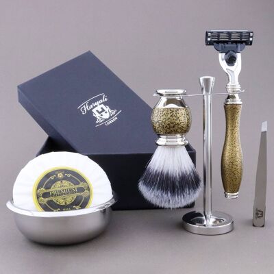 Haryali's Vase Range Shaving Kit - Gold Antique - Synthetic Silver Tip - 3 Edge Razor