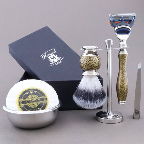 Haryali's Vase Range Shaving Kit - Gold Antique - Synthetic Silver Tip - 5 Edge Razor