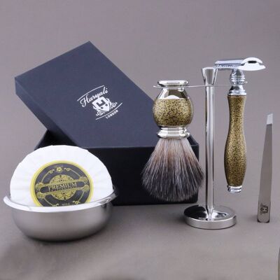 Kit da barba Haryali's Vase Range - Oro antico - Nero sintetico - Rasoio di sicurezza a doppio bordo