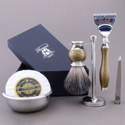 Kit da barba Haryali's Vase Range - Oro antico - Nero sintetico - Rasoio a 5 bordi