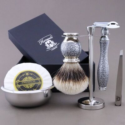 Kit de afeitado de la gama Jarrón de Haryali - Plata antigua - Tejón de punta plateada - Maquinilla de afeitar de seguridad de doble filo