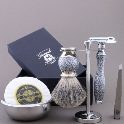 Haryali's Vase Range Shaving Kit - Silver Antique - Super Badger - Maquinilla de afeitar de seguridad de doble filo