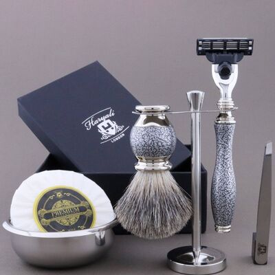 Haryali's Vase Range Kit de afeitado - Silver Antique - Super Badger - 3 Edge Razor
