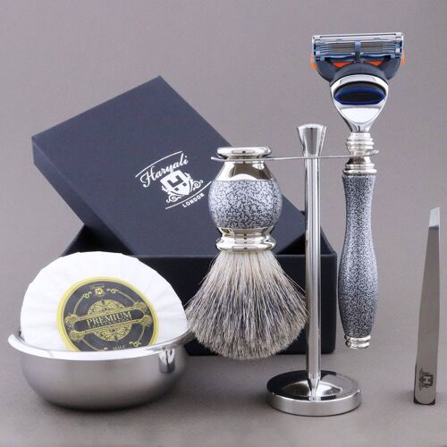 Haryali's Vase Range Shaving Kit - Silver Antique - Super Badger - 5 Edge Razor