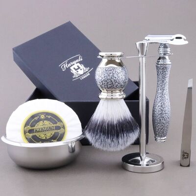 Kit da barba Haryali's Vase Range - Argento antico - Punta in argento sintetico - Rasoio di sicurezza a doppio bordo