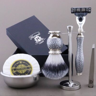 Kit da barba Haryali's Vase Range - Argento antico - Punta in argento sintetico - Rasoio a 3 bordi