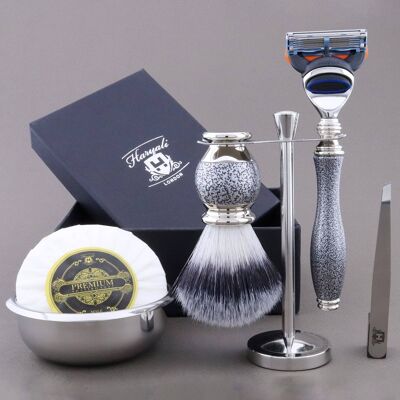 Haryali's Vase Range Kit de Rasage - Argent Antique - Pointe Argent Synthétique - Rasoir 5 Bords