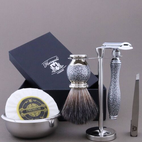 Haryali's Vase Range Shaving Kit - Silver Antique - Synthetic Black - Double Edge Safety Razor