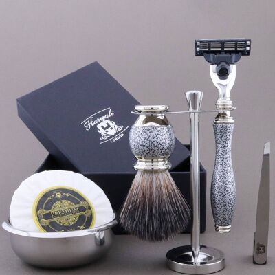 Kit da barba Haryali's Vase Range - Argento antico - Nero sintetico - Rasoio a 3 bordi