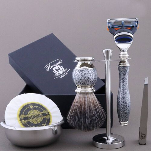 Haryali's Vase Range Shaving Kit - Silver Antique - Synthetic Black - 5 Edge Razor