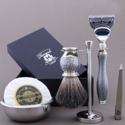 Kit da barba Haryali's Vase Range - Argento antico - Nero sintetico - Rasoio a 5 bordi