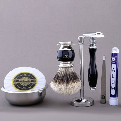 Haryali's Vase Range Shaving Kit - Black - Silver Tip Badger - Double Edge Safety Razor