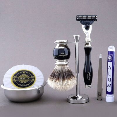 Kit de afeitado Haryali's Vase Range - Negro - Silver Tip Badger - 3 Edge Razor