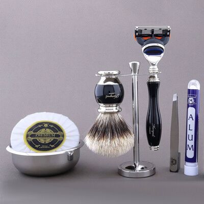 Haryali's Vase Range Kit de rasage - Noir - Silver Tip Badger - Rasoir 5 tranchants