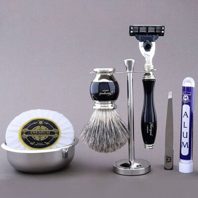 Kit de afeitado Haryali's Vase Range - Negro - Super Badger - Maquinilla de afeitar de 3 filos