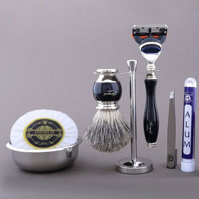 Kit de afeitado Haryali's Vase Range - Negro - Super Badger - Maquinilla de afeitar de 5 filos