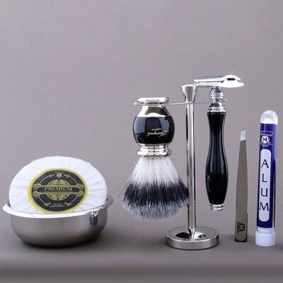 Haryali's Vase Range Shaving Kit - Black - Synthetic Silver Tip - Double Edge Safety Razor