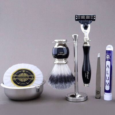 Haryali's Vase Range Shaving Kit - Black - Synthetic Silver Tip - 3 Edge Razor