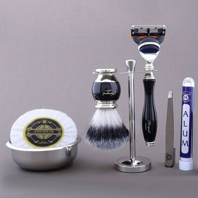 Kit de afeitado Haryali's Vase Range - Negro - Punta de plata sintética - Maquinilla de afeitar de 5 filos