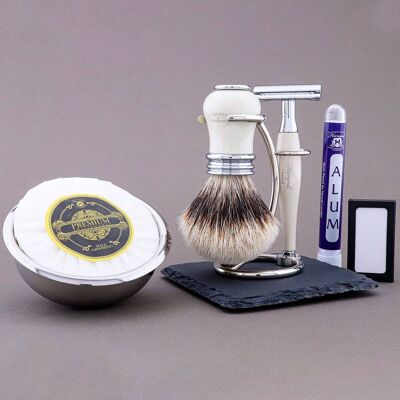 Kit de afeitado de la gama Victoria de Haryali - Marfil - Tejón de punta plateada - Maquinilla de afeitar de seguridad de doble filo