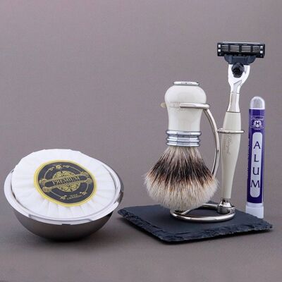 Haryali's Victoria Range Shaving Kit - Ivory - Silver Tip Badger - 3 Edge Razor