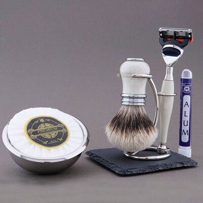 Haryali's Victoria Range Shaving Kit - Ivory - Silver Tip Badger - 5 Edge Razor