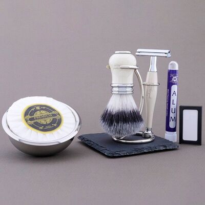 Kit de afeitado de la gama Victoria de Haryali - Marfil - Punta de plata sintética - Maquinilla de afeitar de seguridad de doble filo