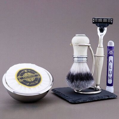 Haryali's Victoria Range Shaving Kit - Ivory - Synthetic Silver Tip - 3 Edge Razor