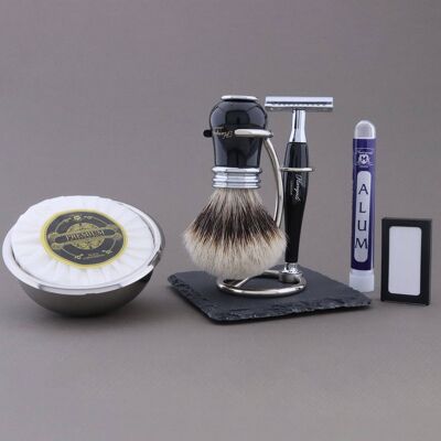 Kit de afeitado de la gama Victoria de Haryali - Negro - Tejón de punta plateada - Maquinilla de afeitar de seguridad de doble filo