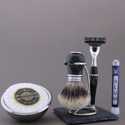 Kit de afeitado de la gama Victoria de Haryali - Negro - Tejón de punta plateada - Maquinilla de afeitar de 3 filos