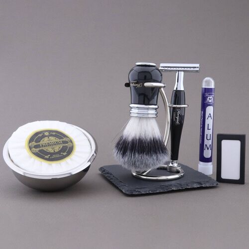 Haryali's Victoria Range Shaving Kit - Black - Synthetic Silver Tip - Double Edge Safety Razor