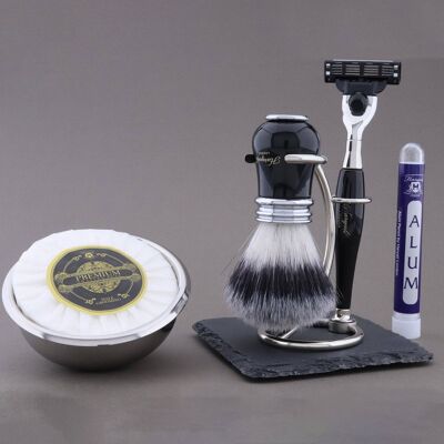 Kit de afeitado de la gama Victoria de Haryali - Negro - Punta de plata sintética - Maquinilla de afeitar de 3 filos