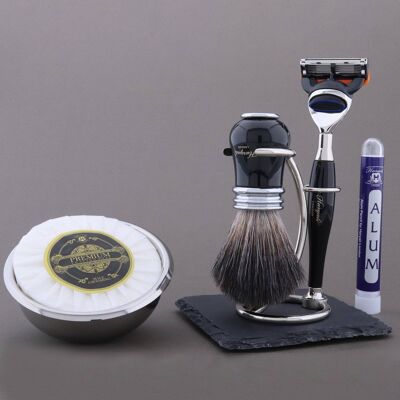 Kit de afeitado de la gama Victoria de Haryali - Negro - Negro sintético - Maquinilla de afeitar de 5 filos