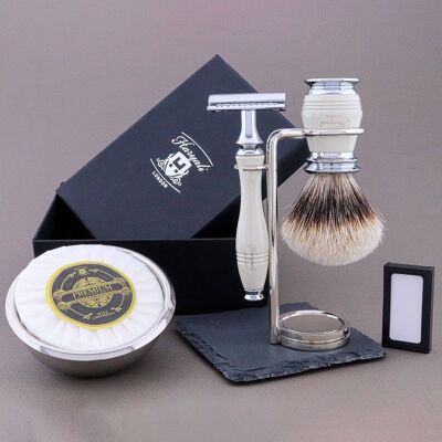 Kit da barba Haryali's Groove Range - Avorio - Silver Tip Badger - Rasoio di sicurezza Double Edge