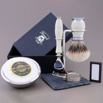 Kit da barba Haryali's Groove Range - Avorio - Silver Tip Badger - Rasoio a 5 bordi