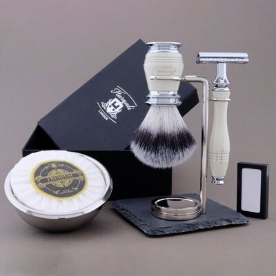 Haryali's Groove Range Shaving Kit - Ivory - Synthetic Silver Tip - Double Edge Safety Razor