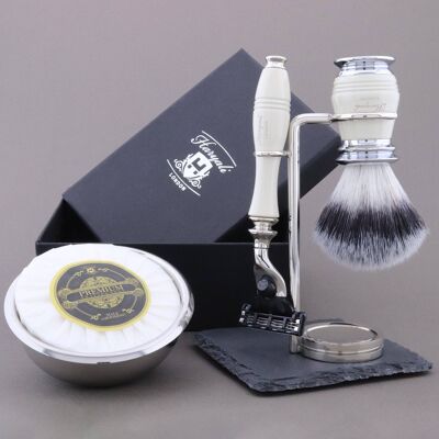 Haryali's Groove Range Shaving Kit - Ivory - Synthetic Silver Tip - 3 Edge Razor