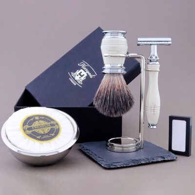 Kit de afeitado de la gama Groove de Haryali - Marfil - Negro sintético - Maquinilla de afeitar de seguridad de doble filo