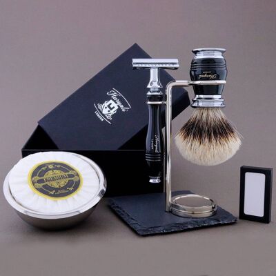 Kit da barba Haryali's Groove Range - Nero - Tasso con punta argentata - Rasoio di sicurezza a doppio bordo