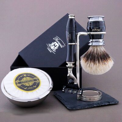 Kit da barba Haryali's Groove Range - Nero - Tasso con punta argentata - Rasoio a 3 bordi