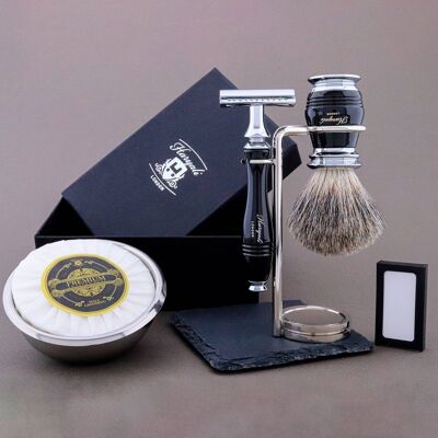 Kit de afeitado de la gama Groove de Haryali - Negro - Super Badger - Maquinilla de afeitar de seguridad de doble filo