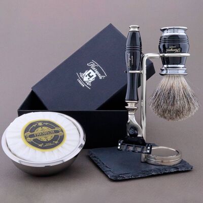 Kit de afeitado de la gama Groove de Haryali - Negro - Super Badger - Maquinilla de afeitar de 3 filos