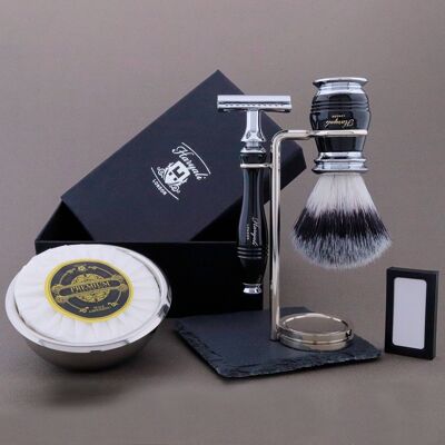 Haryali's Groove Range Shaving Kit - Black - Synthetic Silver Tip - Double Edge Safety Razor