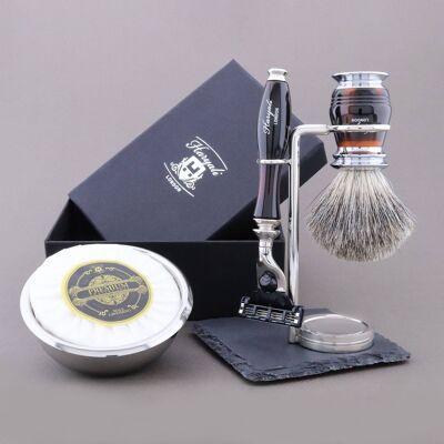 Kit de afeitado de la gama Groove de Haryali - Negro y rojo - Super Badger - Maquinilla de afeitar de 3 filos