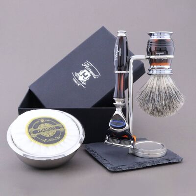 Kit de afeitado de la gama Groove de Haryali - Negro y rojo - Super Badger - Maquinilla de afeitar de 5 filos
