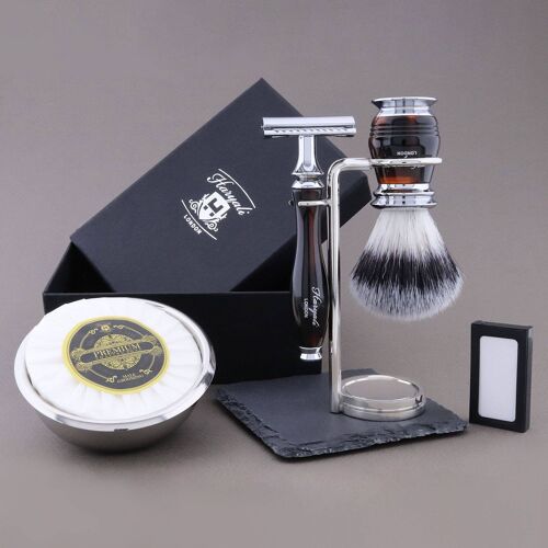 Haryali's Groove Range Shaving Kit - Black & Red - Synthetic Silver Tip - Double Edge Safety Razor