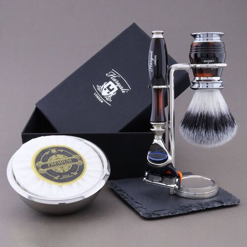 Haryali's Groove Range Shaving Kit - Black & Red - Synthetic Silver Tip - 5 Edge Razor