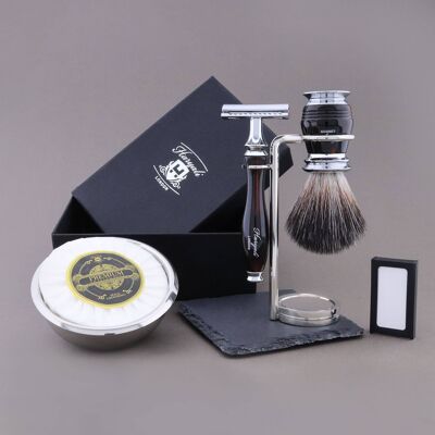 Kit de afeitado de la gama Groove de Haryali - Negro y rojo - Negro sintético - Maquinilla de afeitar de seguridad de doble filo