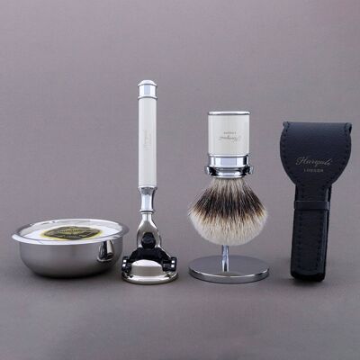 Haryali's Drum Range Shaving Kit - Ivory - Silver Tip Badger - 3 Edge Razor